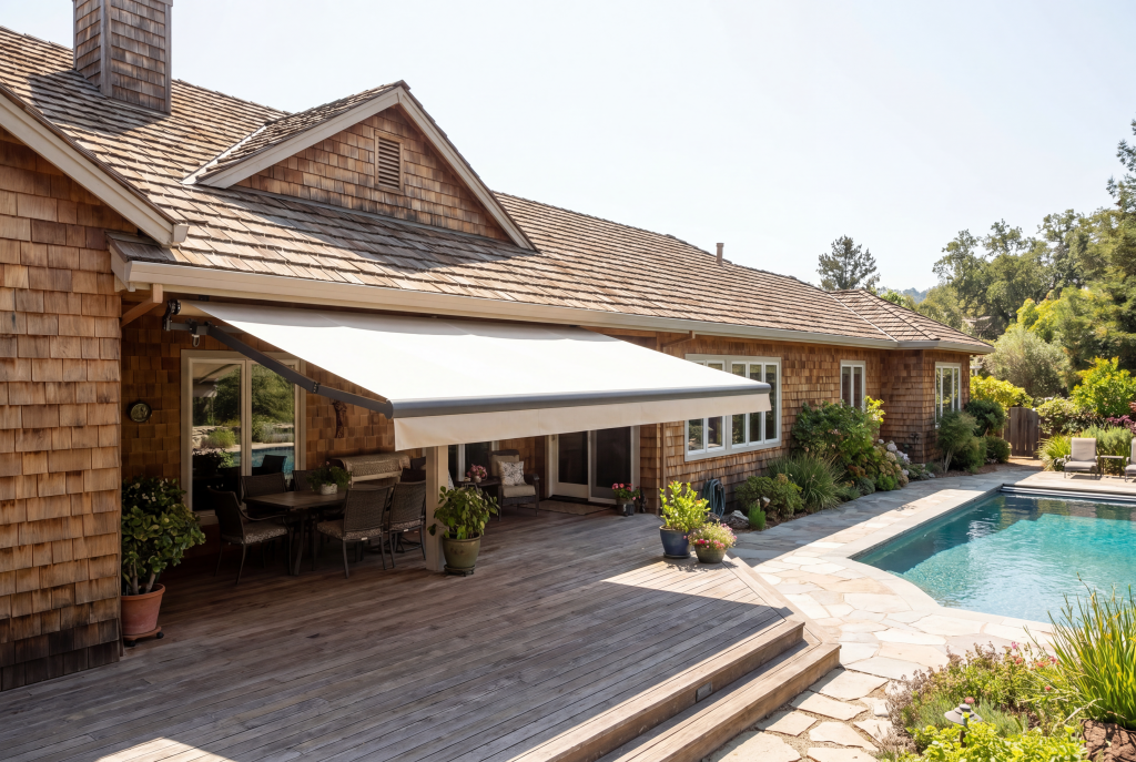OpenRollNoHood-BronzeHardware-BeigeFabric-WoodShingleRanchHouse