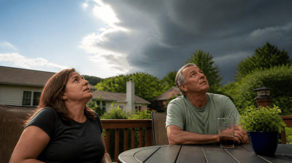 couple looking up ay dark sky in back yard