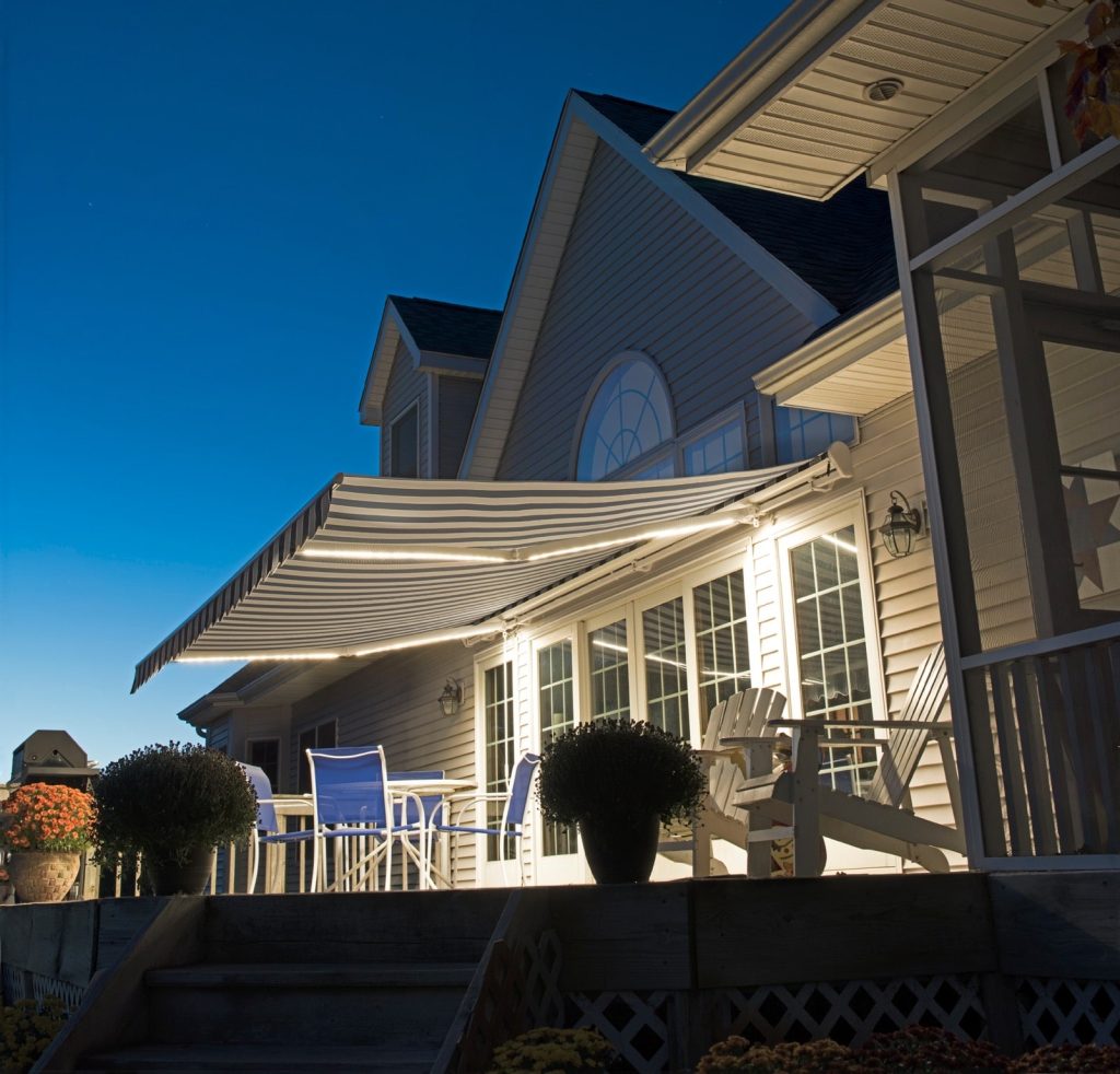 retracatable awning at night