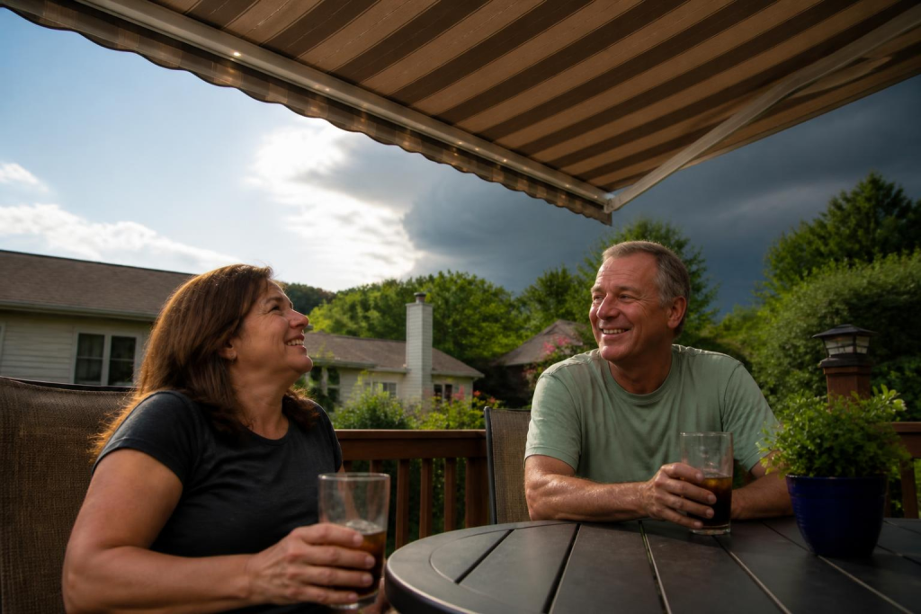 smiling couple under retractable awning