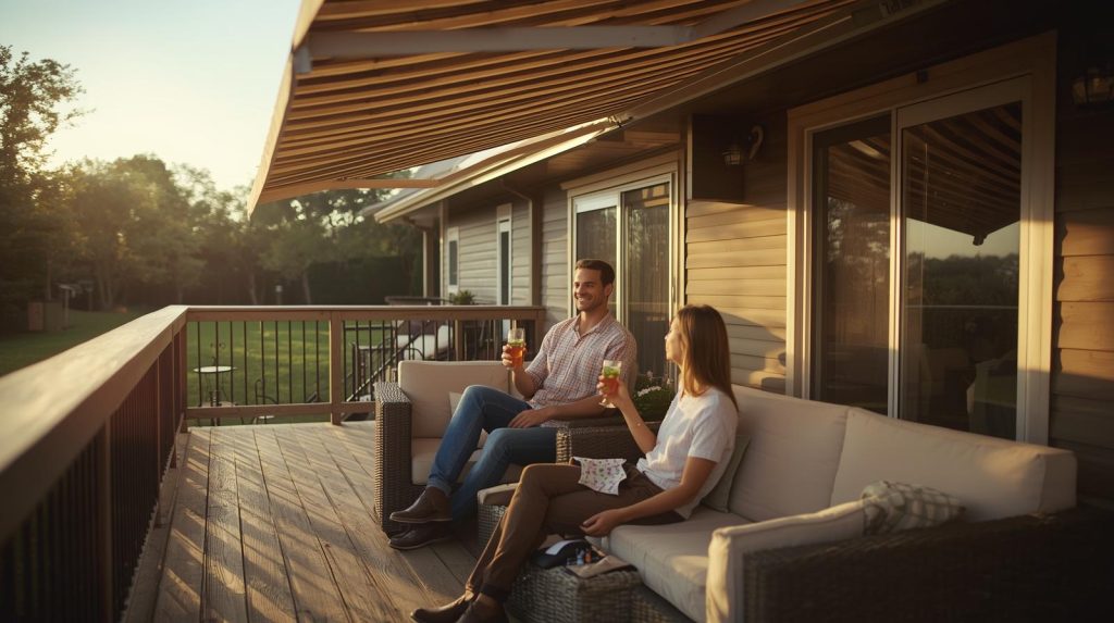 A man and a woman sit on a patio sofa, enjoying drinks together at sunset. They are on a wooden deck outside a house, with an awning overhead and a view of a grassy yard in the background.